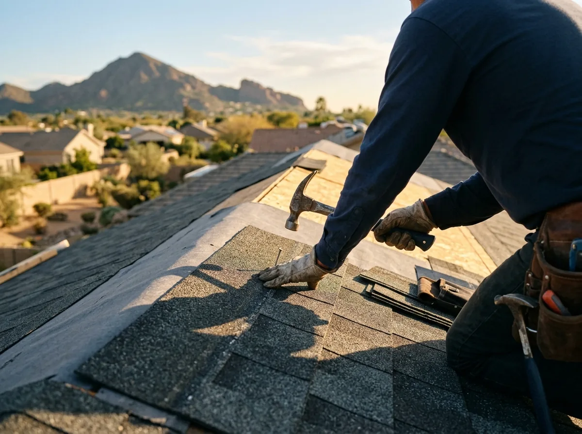 Roofer nailing dimensional architectural asphalt shingles on a sloped roof in bright Arizona sun