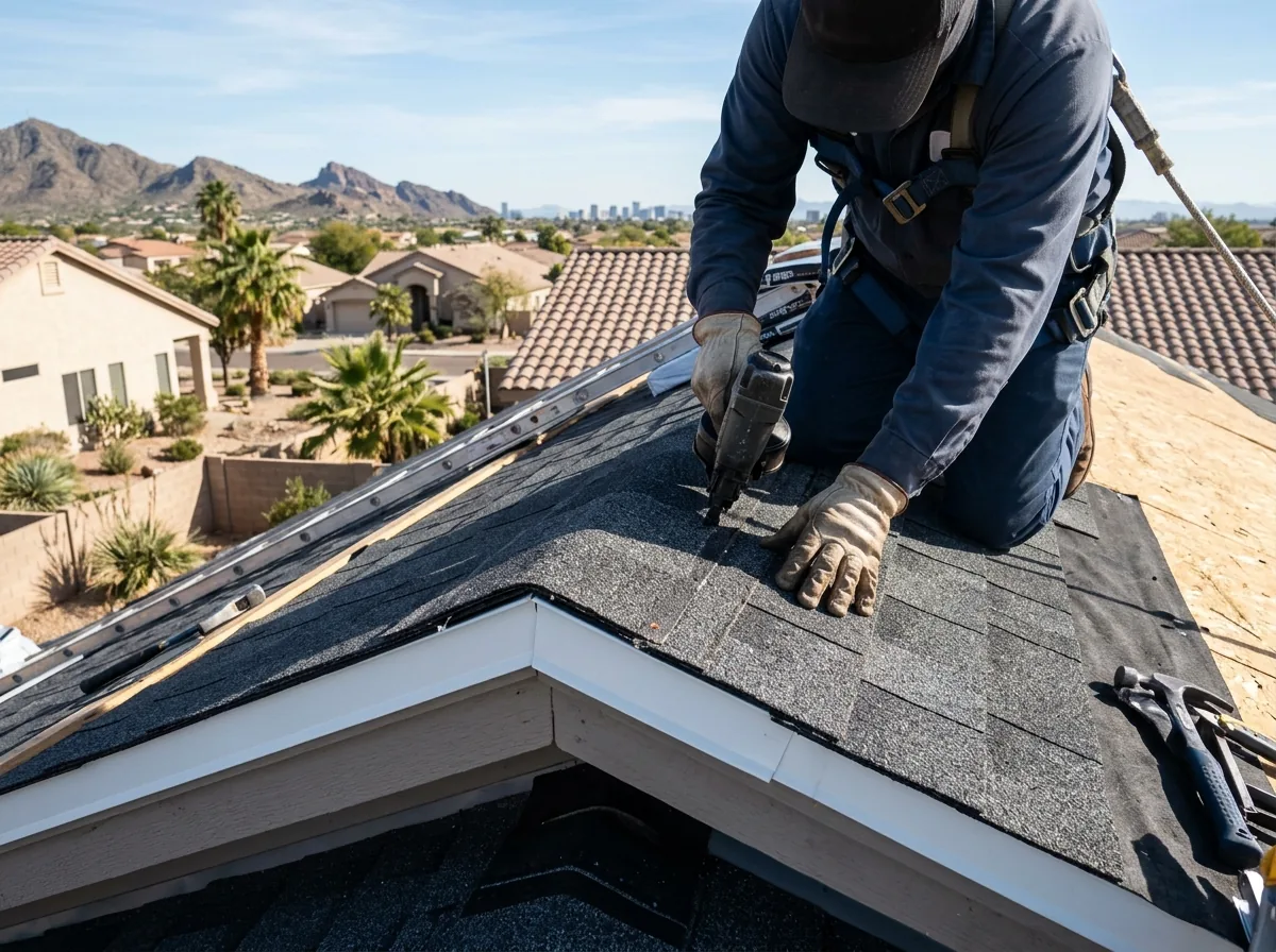 Roofer installing architectural asphalt shingles and metal drip edge on an Arizona house