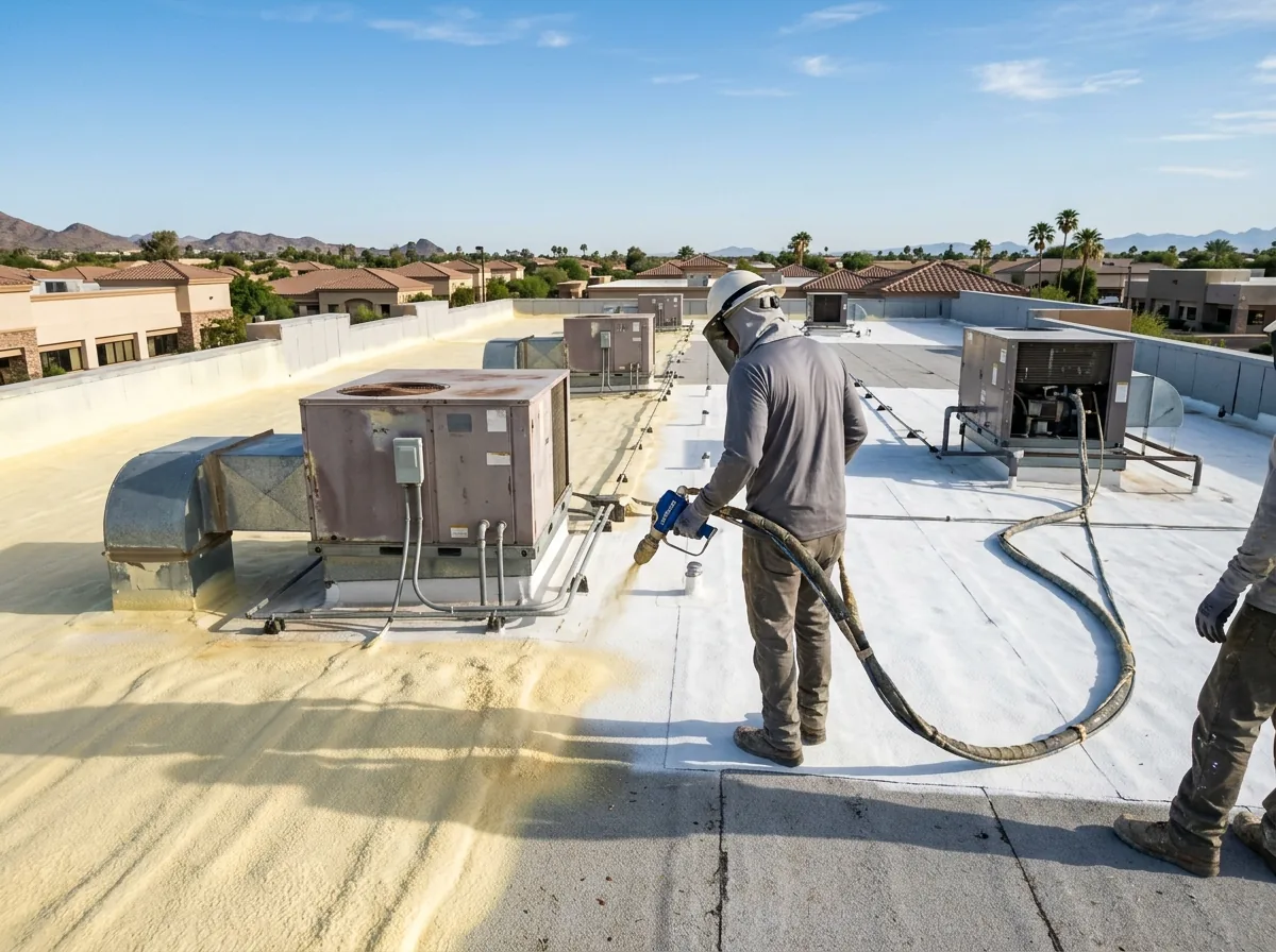 Crew spraying polyurethane foam on a large flat commercial roof with rooftop HVAC units