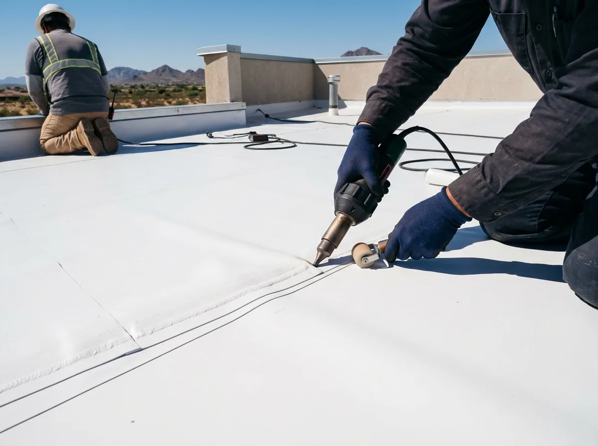 White TPO membrane roof with heat-welded seams on a commercial building