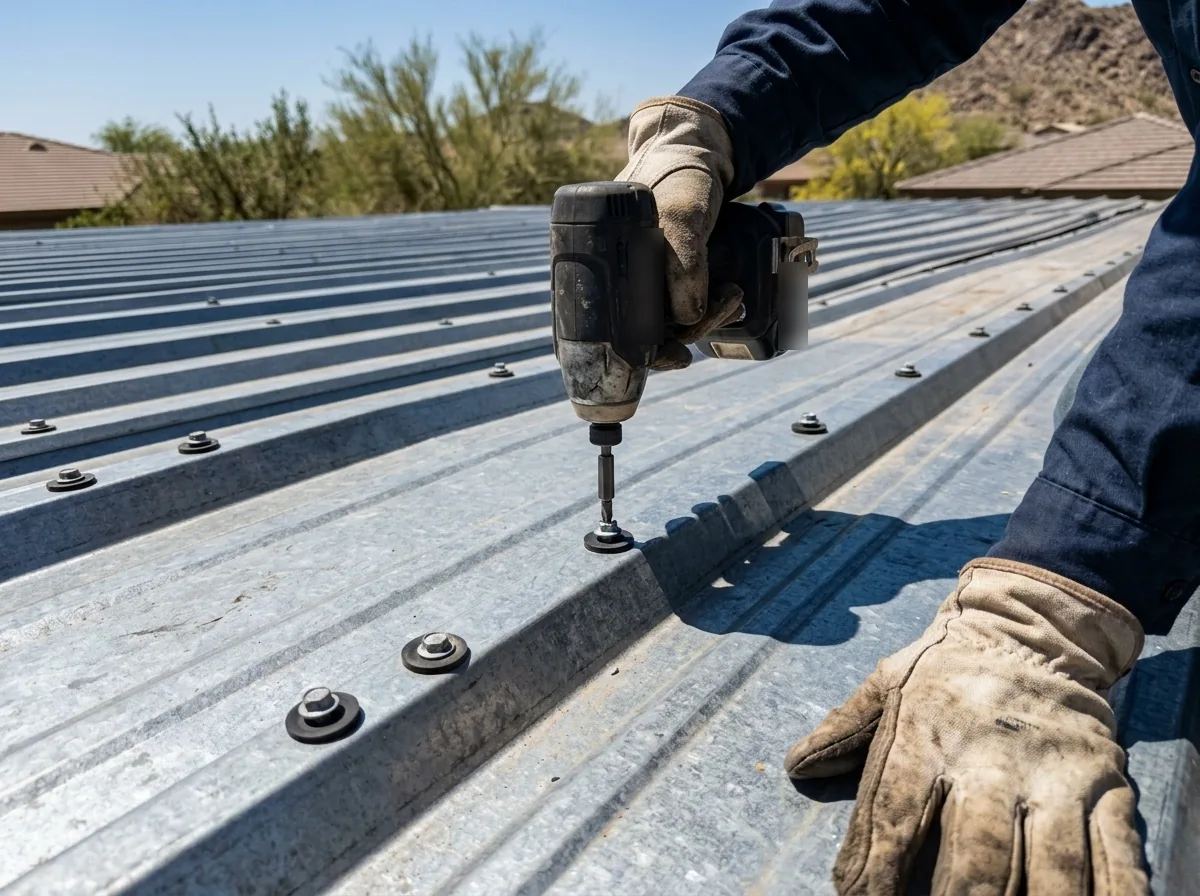 Close view of exposed-fastener corrugated metal roof panels with screws and rubber washers