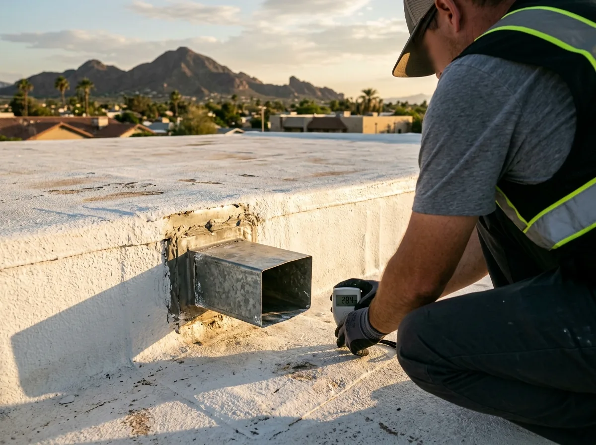 Inspector checking the coating thickness and a scupper on a coated spray foam flat roof