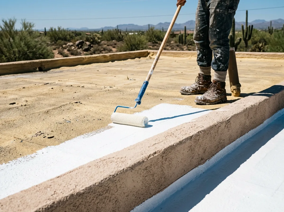 Roller spreading white elastomeric coating over weathered spray foam on a flat roof behind a stucco parapet