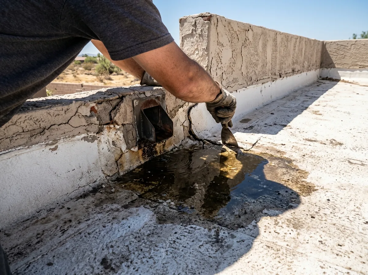 Water pooling near a scupper on a flat foam roof with a cracked parapet joint