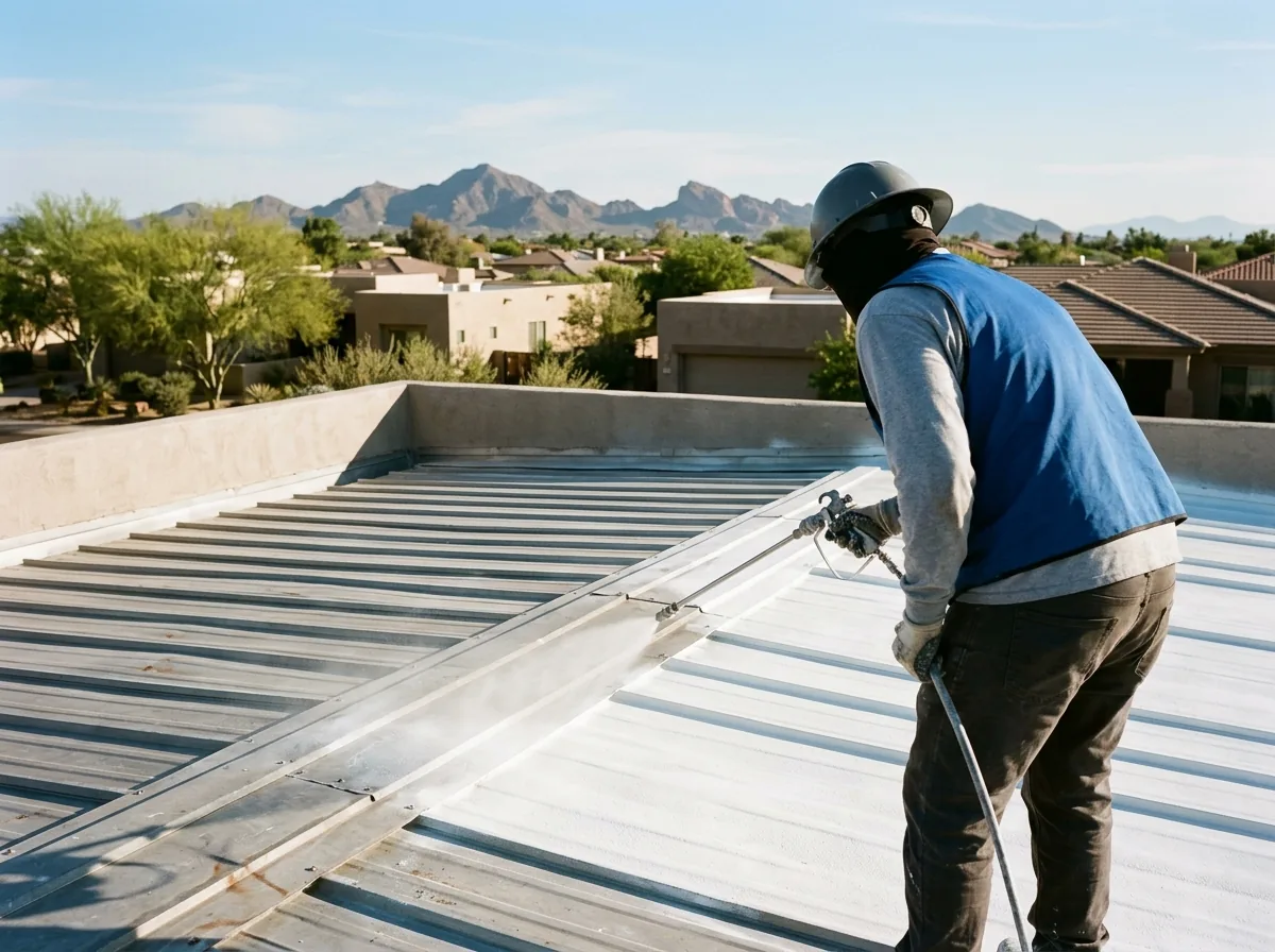 Worker spraying white coating over a low-slope metal roof on an Arizona building