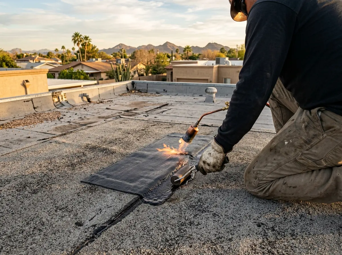 Roofer torching a modified bitumen patch over a split seam on a flat roof