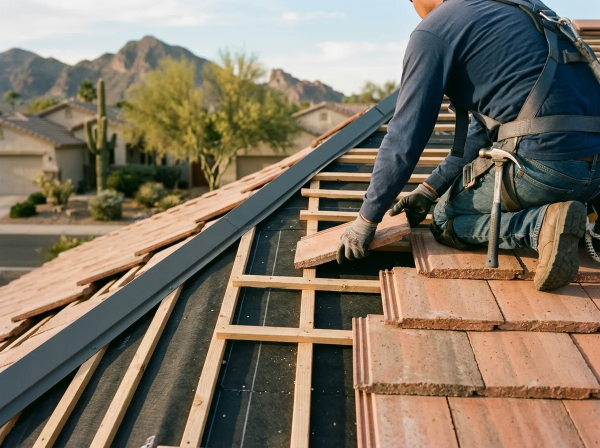 New concrete tile roof being installed over fresh underlayment and battens on an Arizona home