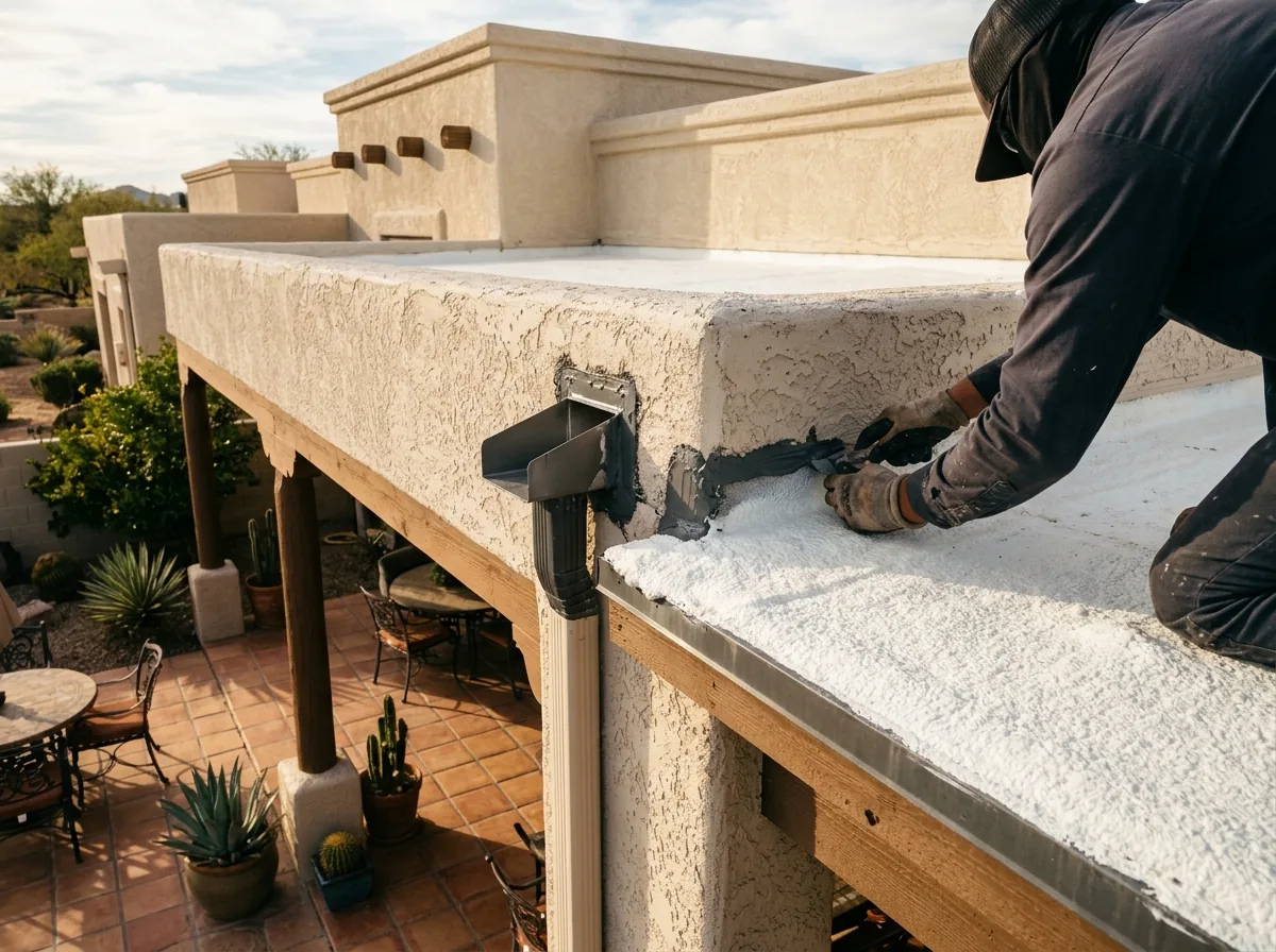 Small flat foam roof over a patio attached to a stucco Arizona home with a scupper at the edge