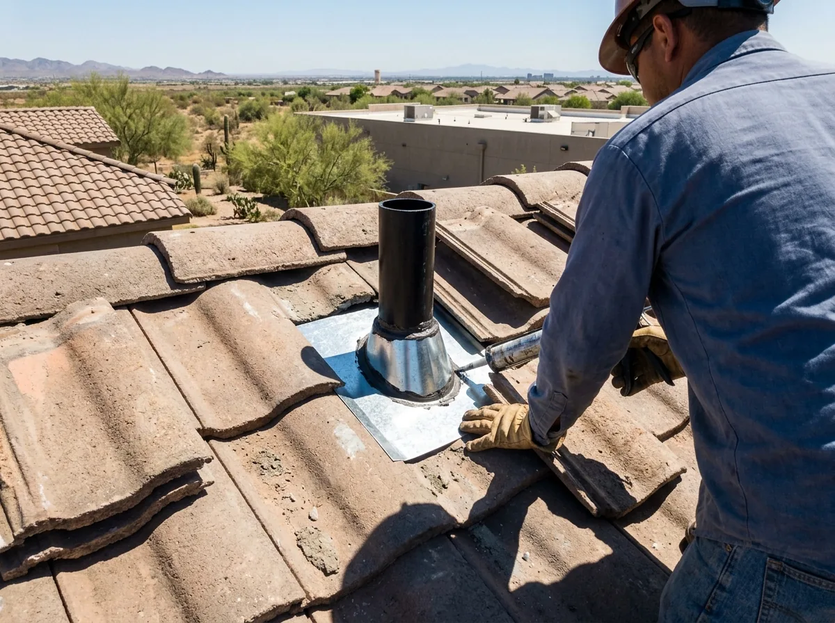 Metal flashing around a plumbing vent pipe on a concrete tile roof in Arizona