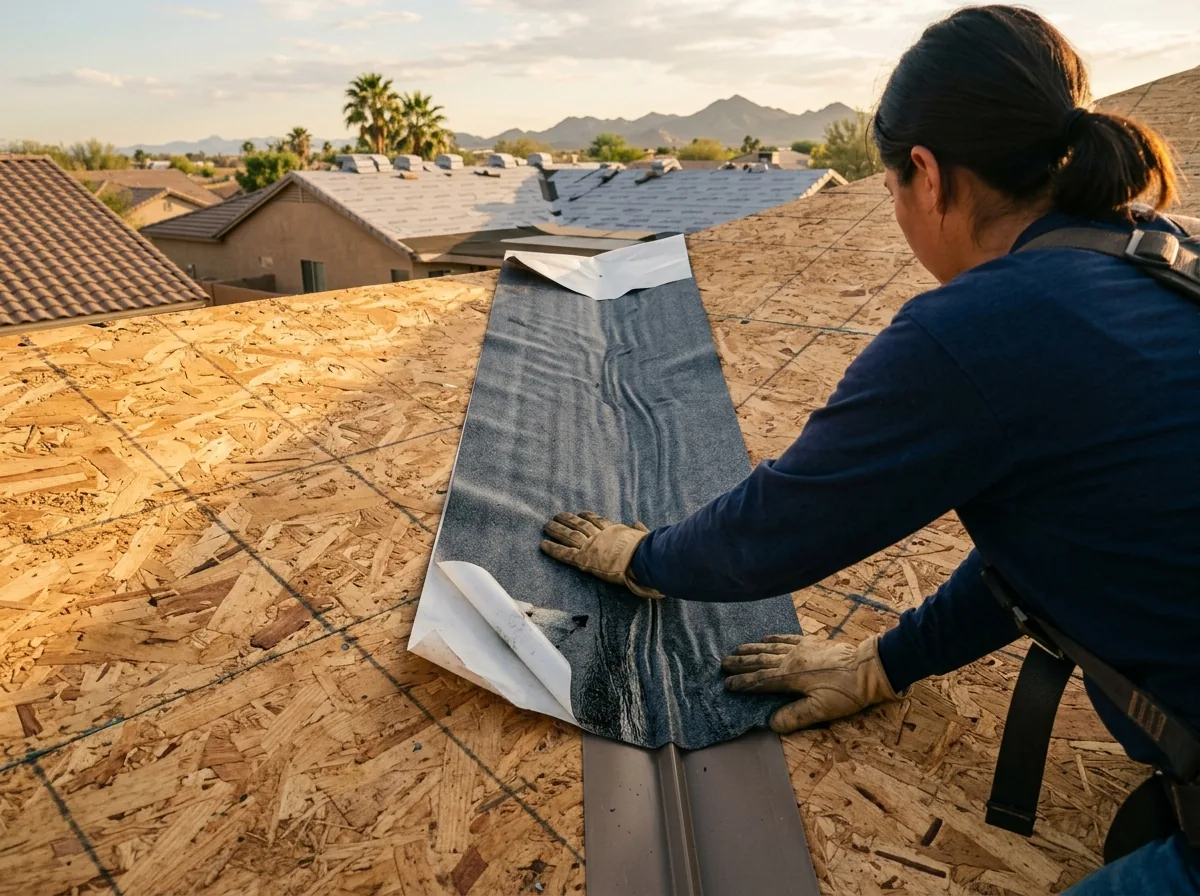 Peel-and-stick self-adhered roof underlayment being pressed onto a roof deck along a valley
