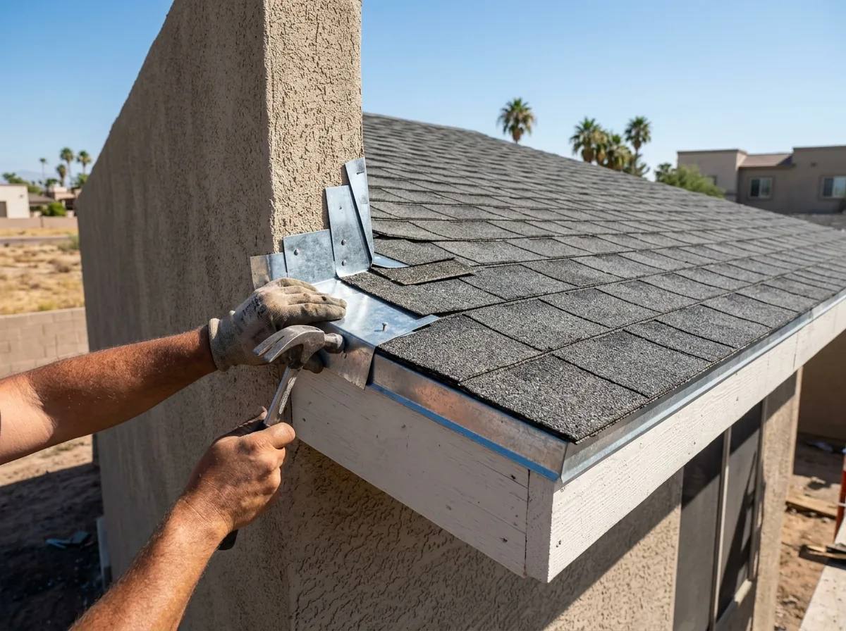 Metal drip edge and step flashing along an eave and sidewall of an asphalt shingle roof