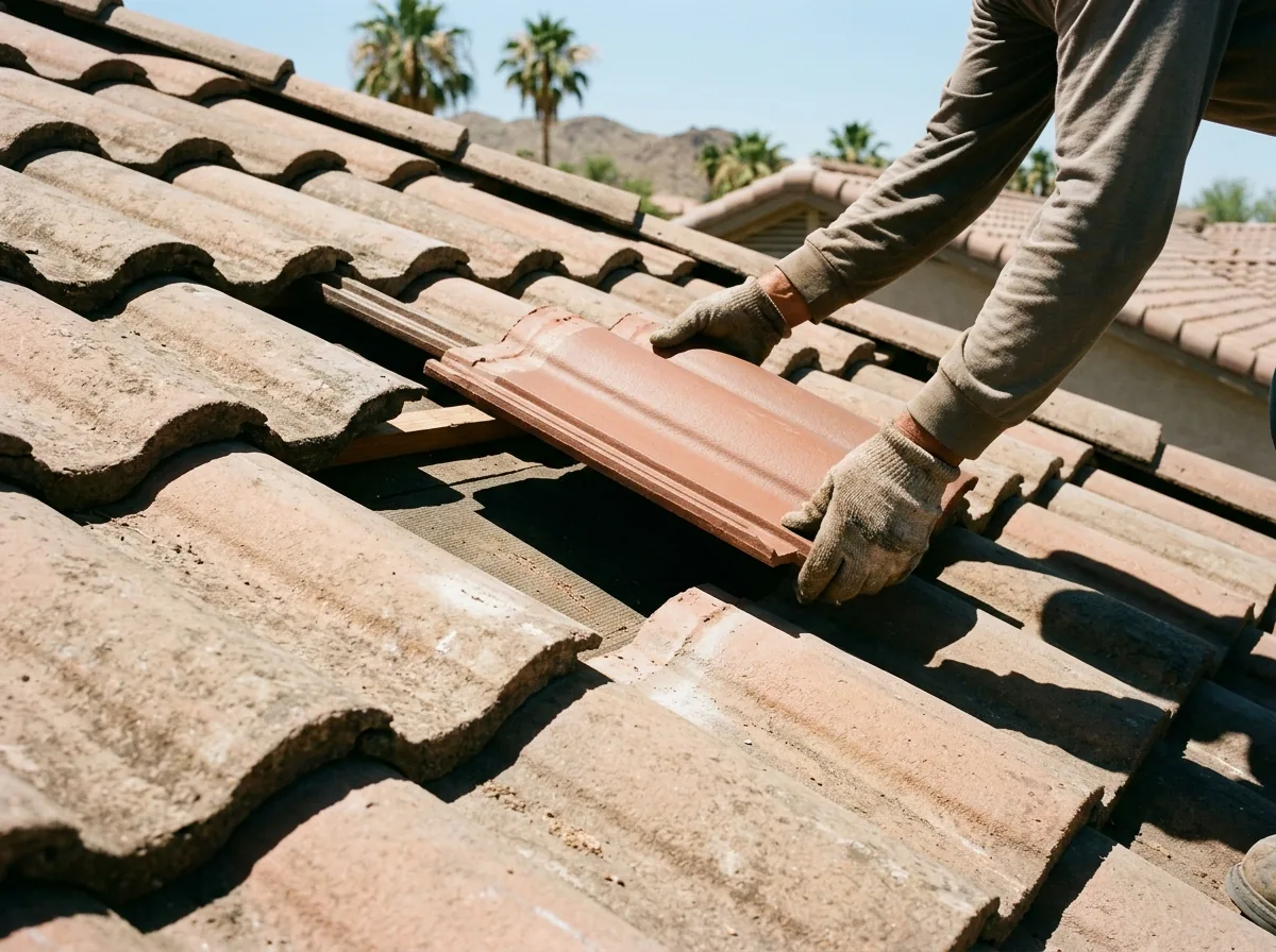 Replacement terracotta concrete S-tile being slid into place among existing tiles on a roof