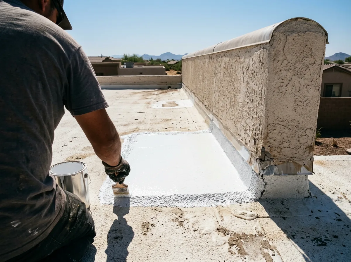 Patched area of white coated spray foam on a flat roof next to a stucco parapet