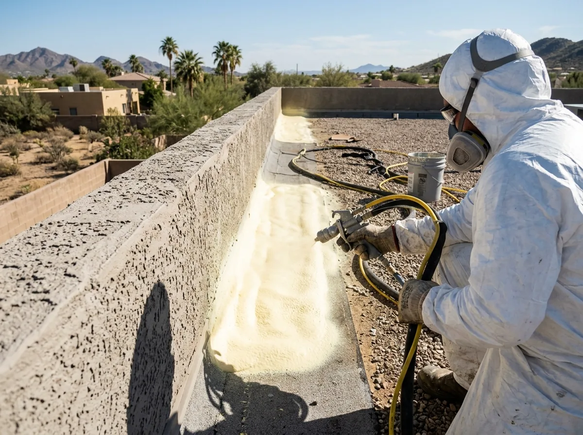 Worker spraying a new layer of spray polyurethane foam on a flat roof behind a parapet wall