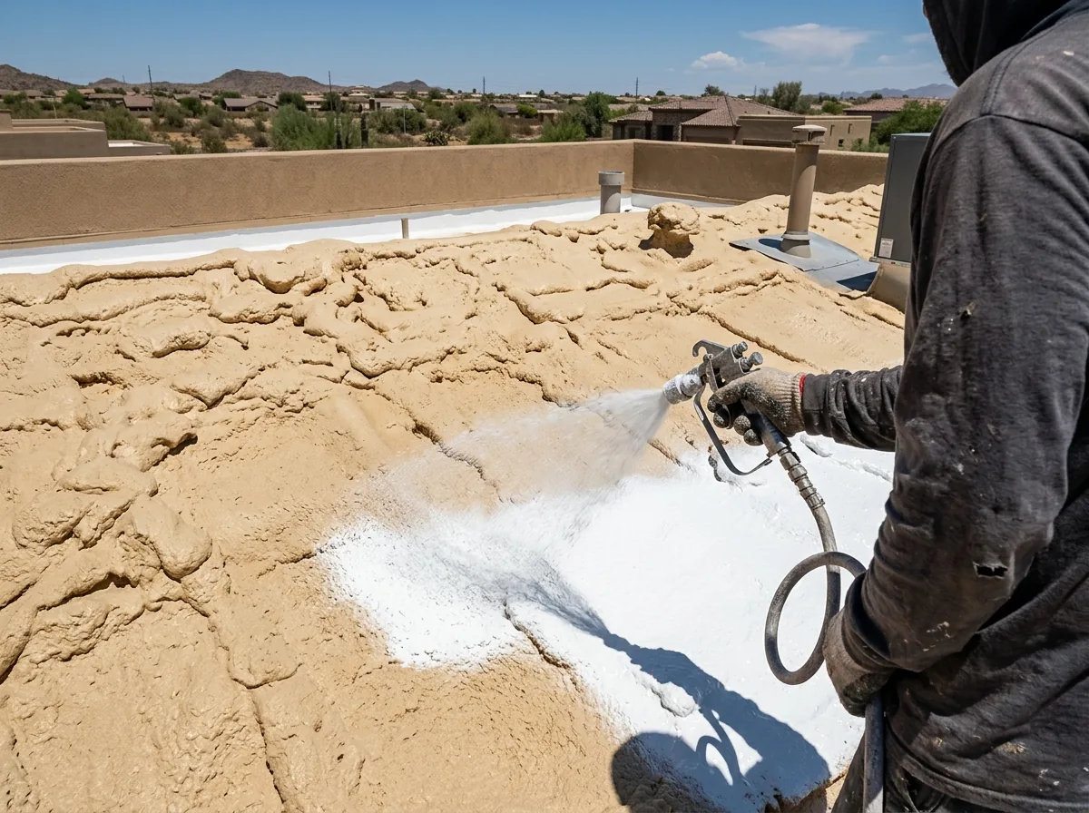 Fresh white elastomeric coating being sprayed over newly installed tan spray foam on a flat roof