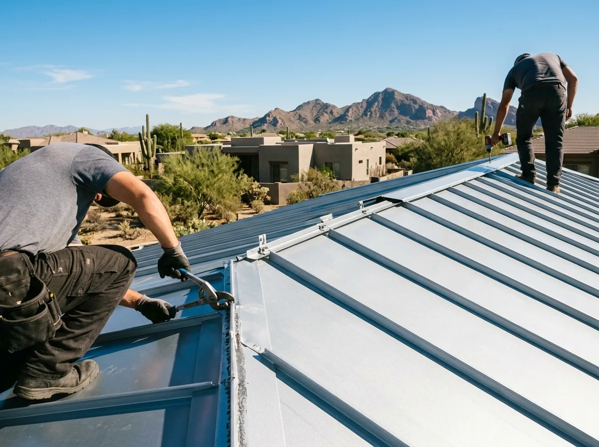 Standing-seam metal roof with raised vertical seams in a light reflective finish on an Arizona home