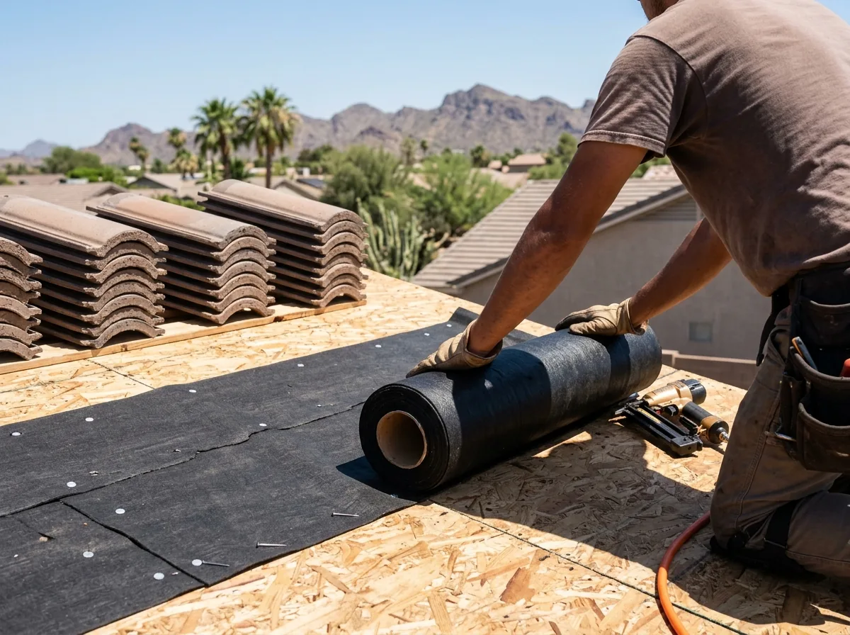 Roofer rolling out black asphalt-saturated felt underlayment on a bare roof deck with tiles stacked nearby