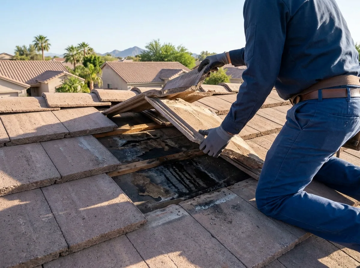 Roofer lifting concrete tiles to trace a roof leak and inspect the underlayment below