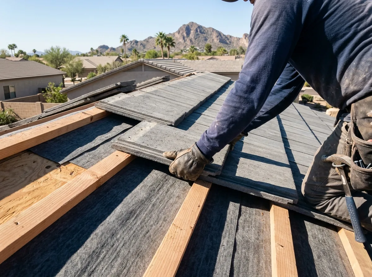 Roofer relaying concrete roof tiles onto new wood battens over fresh underlayment