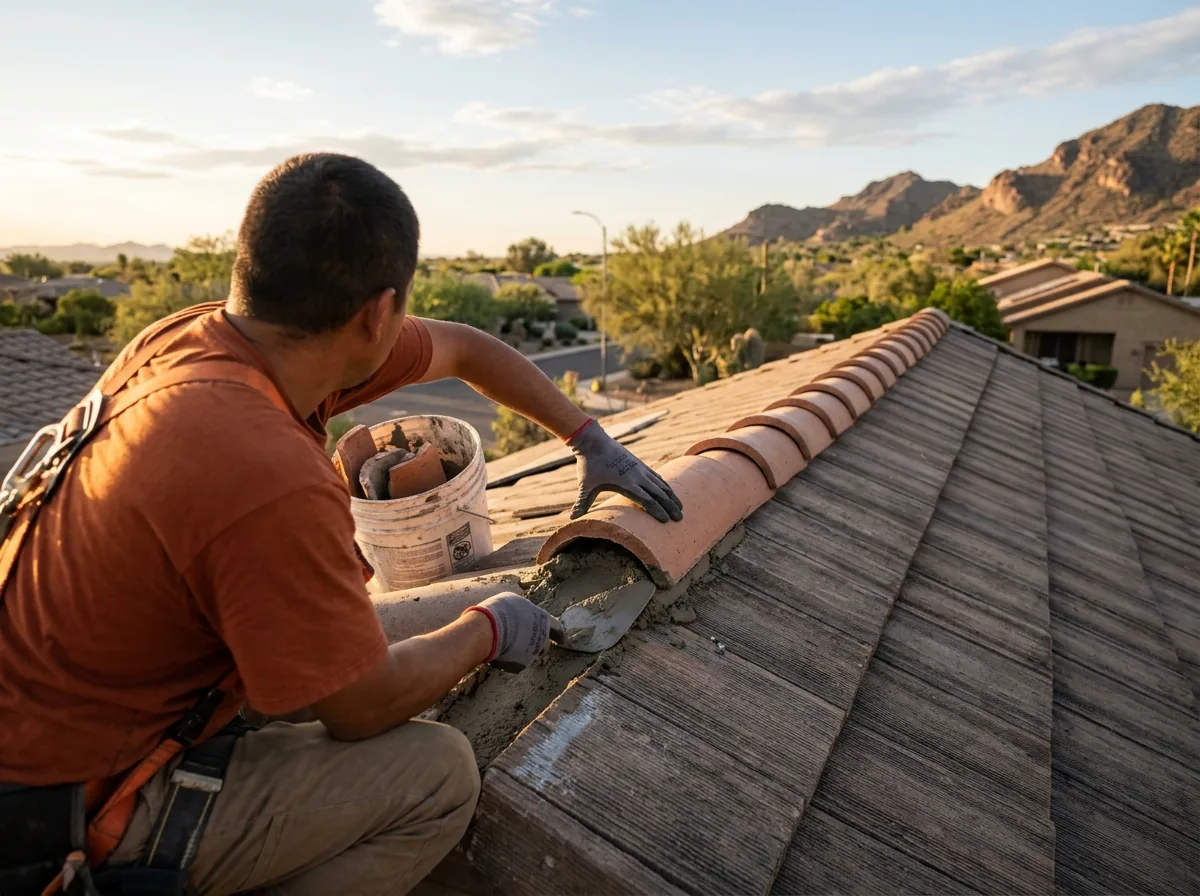 Rounded ridge cap tiles being reset along the ridge of a concrete tile roof