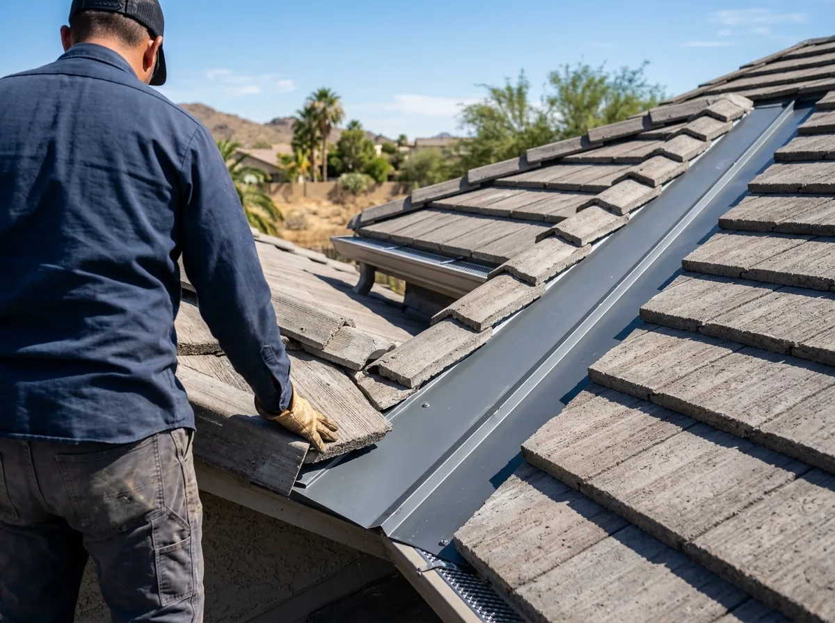 Metal valley flashing between two planes of concrete tile roof with debris cleared out