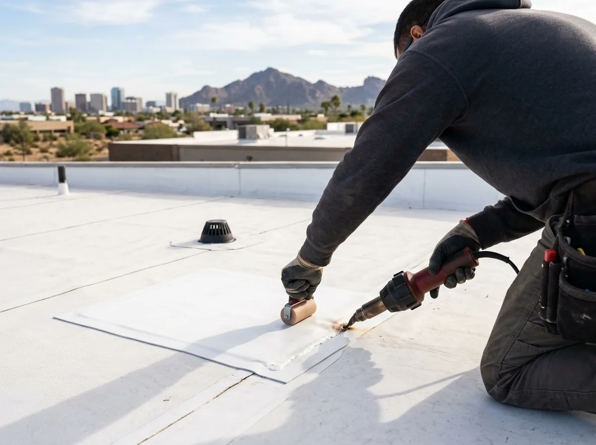 Roofer heat-welding a patch onto a white TPO single-ply roof membrane