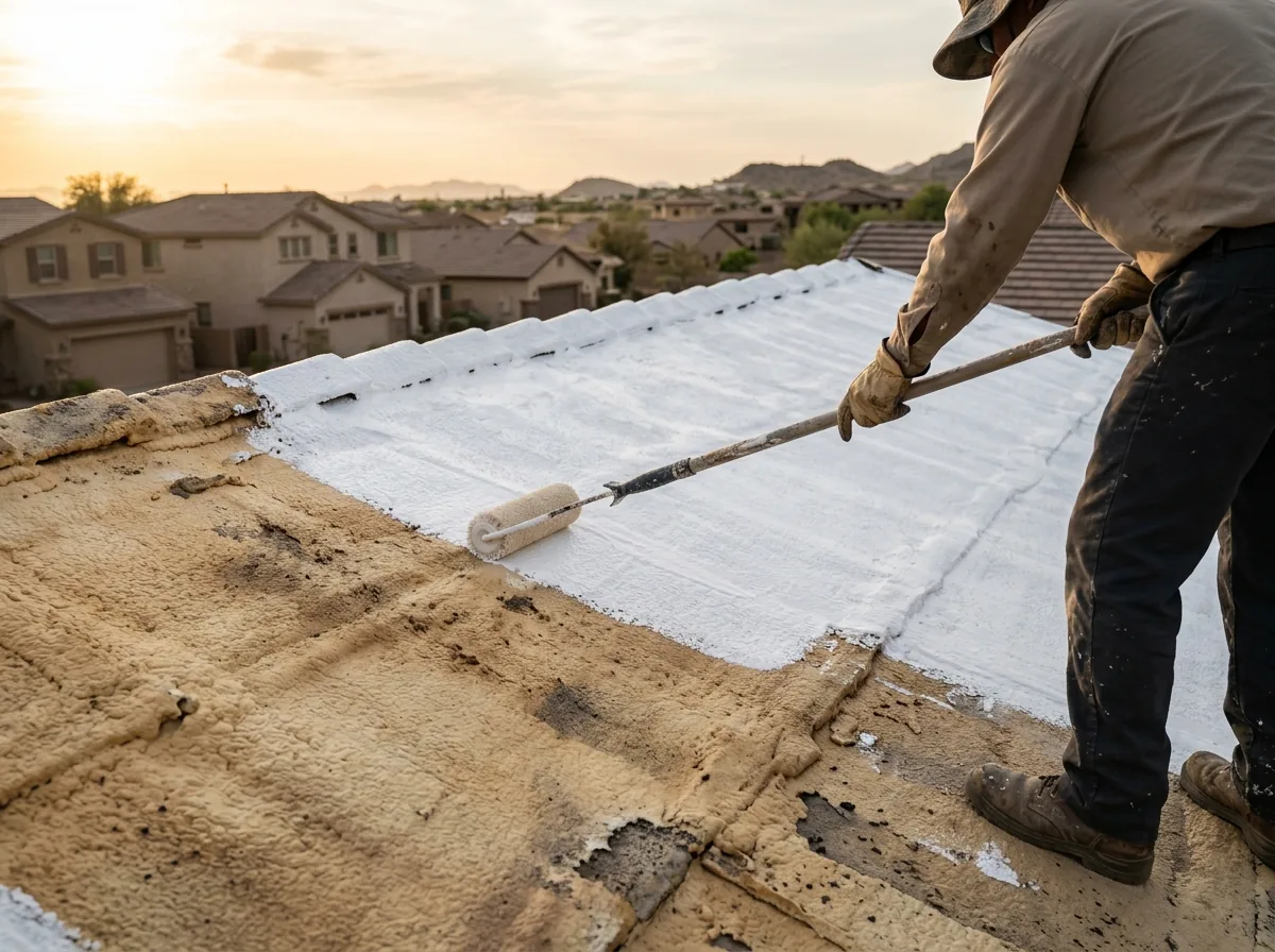Worn tan spray foam roof being recoated with white elastomeric coating by roller